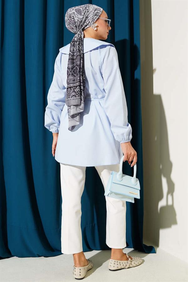 Pleated Front Navy Collar Shirt Blue
