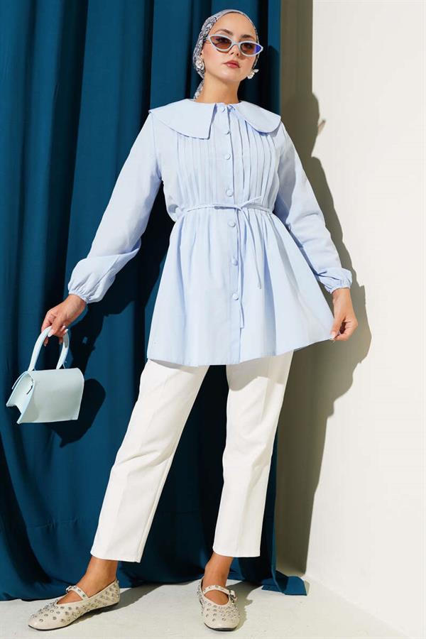 Pleated Front Navy Collar Shirt Blue