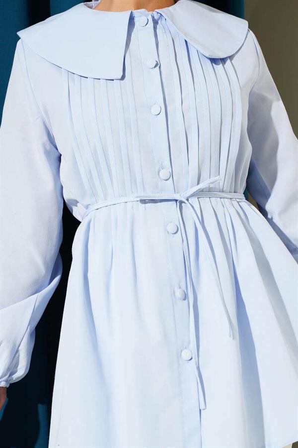 Pleated Front Navy Collar Shirt Blue