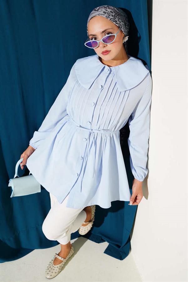 Pleated Front Navy Collar Shirt Blue