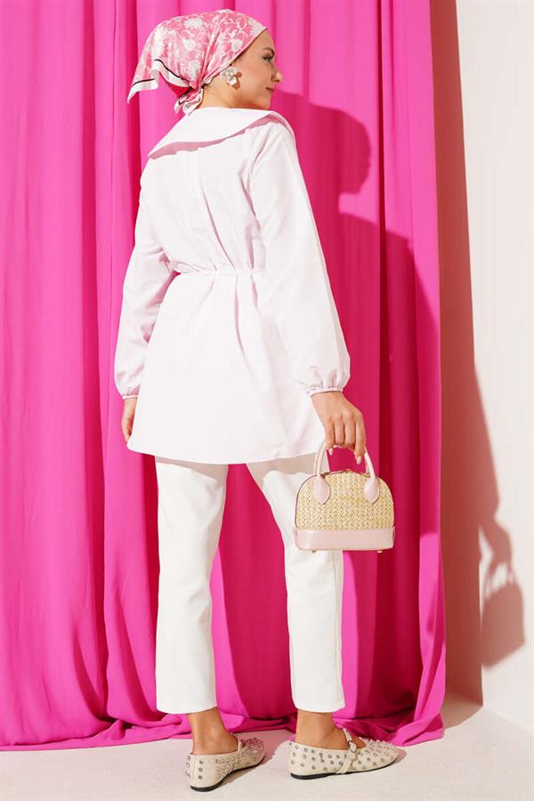 Pleated Front Navy Collar Shirt Pink