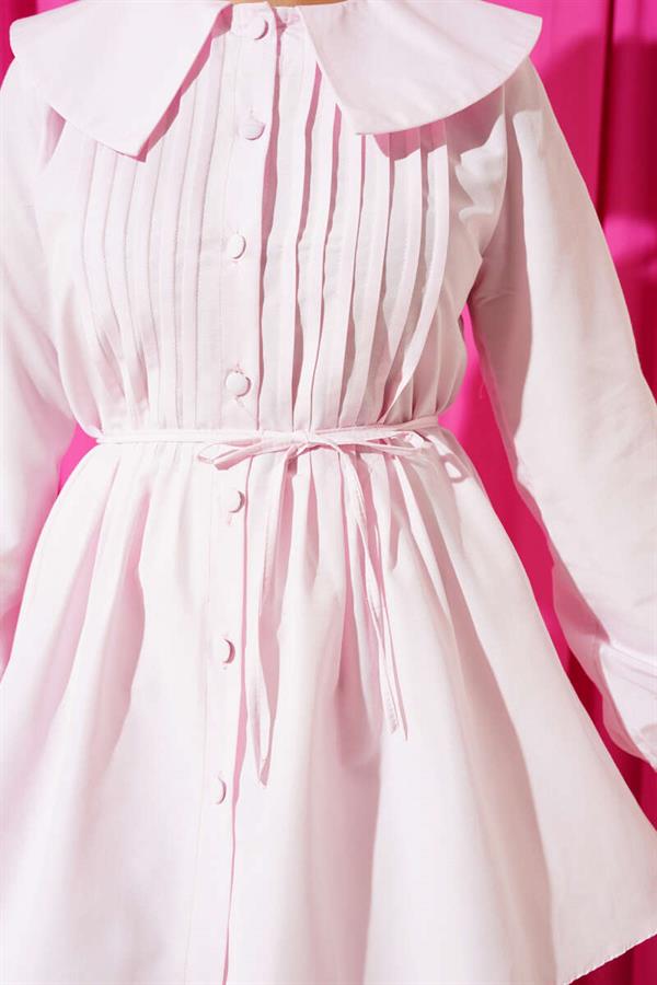 Pleated Front Navy Collar Shirt Pink
