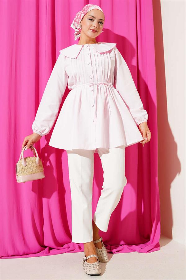 Pleated Front Navy Collar Shirt Pink