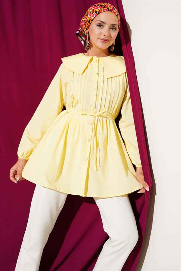 Pleated Front Navy Collar Shirt Yellow