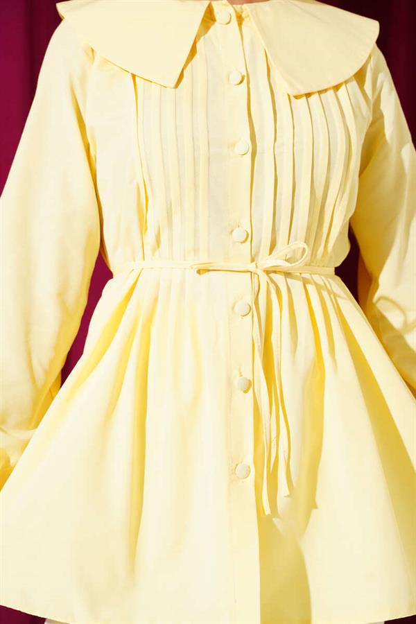 Pleated Front Navy Collar Shirt Yellow