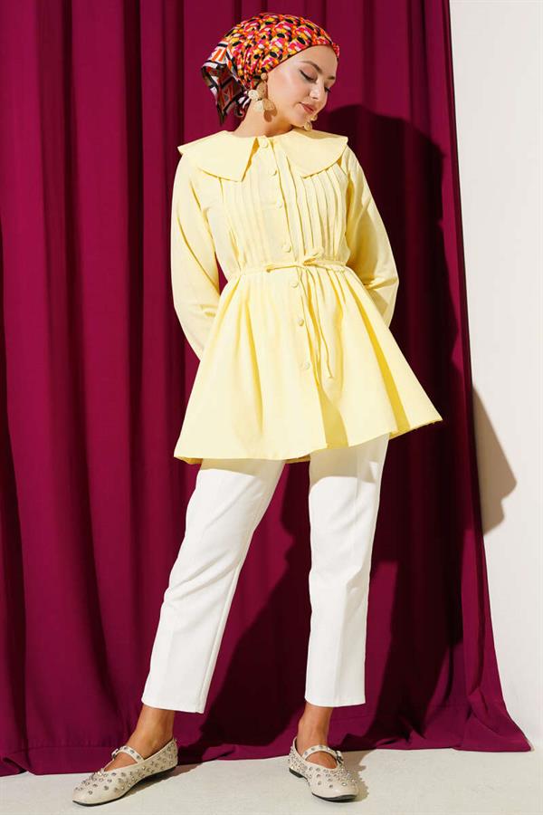 Pleated Front Navy Collar Shirt Yellow