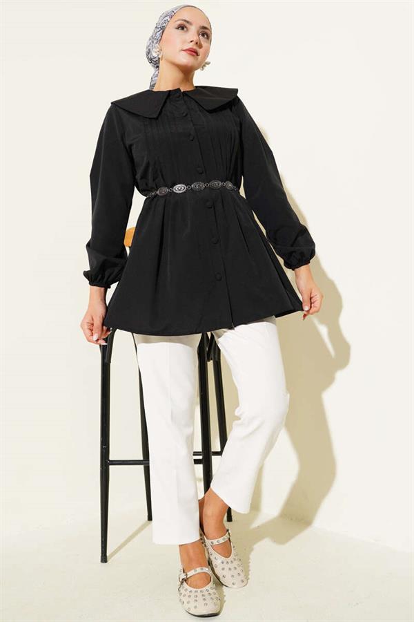 Pleated Front Navy Collar Shirt Black