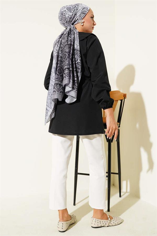 Pleated Front Navy Collar Shirt Black