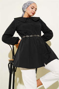 Pleated Front Navy Collar Shirt Black
