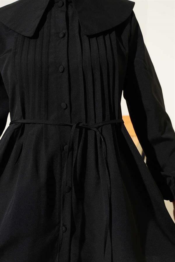 Pleated Front Navy Collar Shirt Black