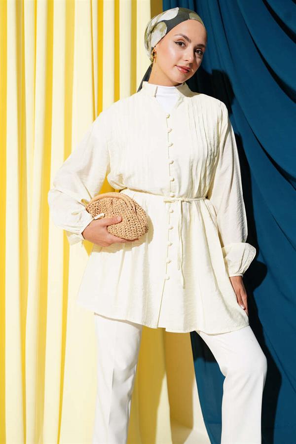 Pleated Button-Front Shirt Yellow