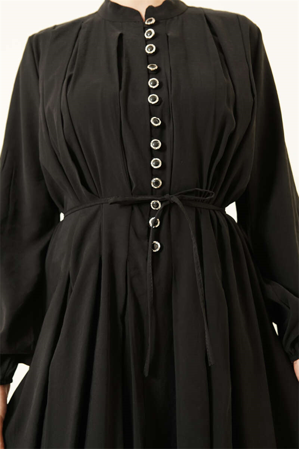 Black Modal Dress with Pleated Front and Button Closure