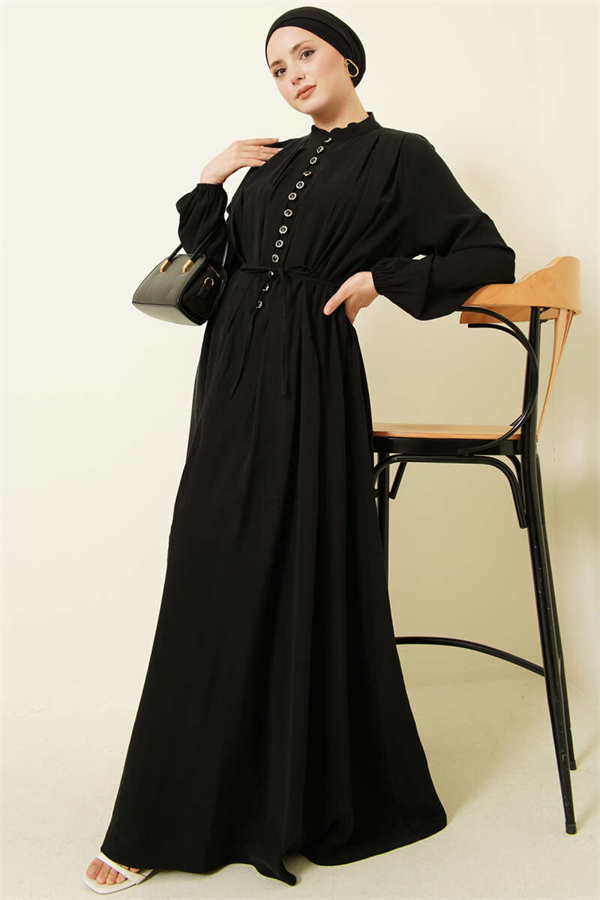 Black Modal Dress with Pleated Front and Button Closure