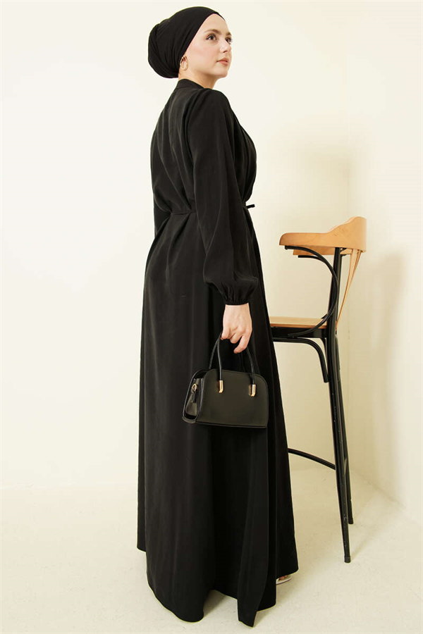 Black Modal Dress with Pleated Front and Button Closure