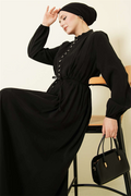 Black Modal Dress with Pleated Front and Button Closure