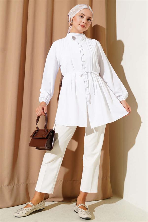 Pleated Front Terry Cotton Shirt White