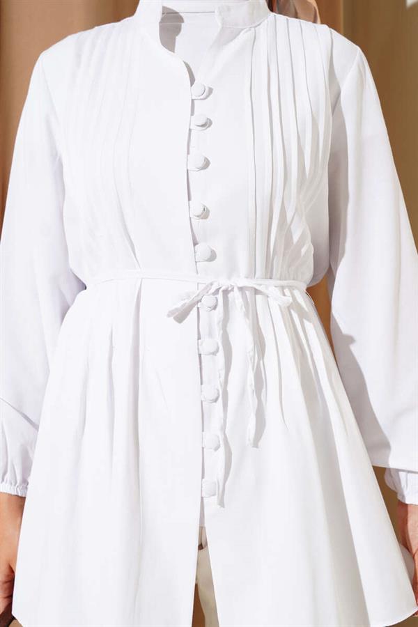 Pleated Front Terry Cotton Shirt White