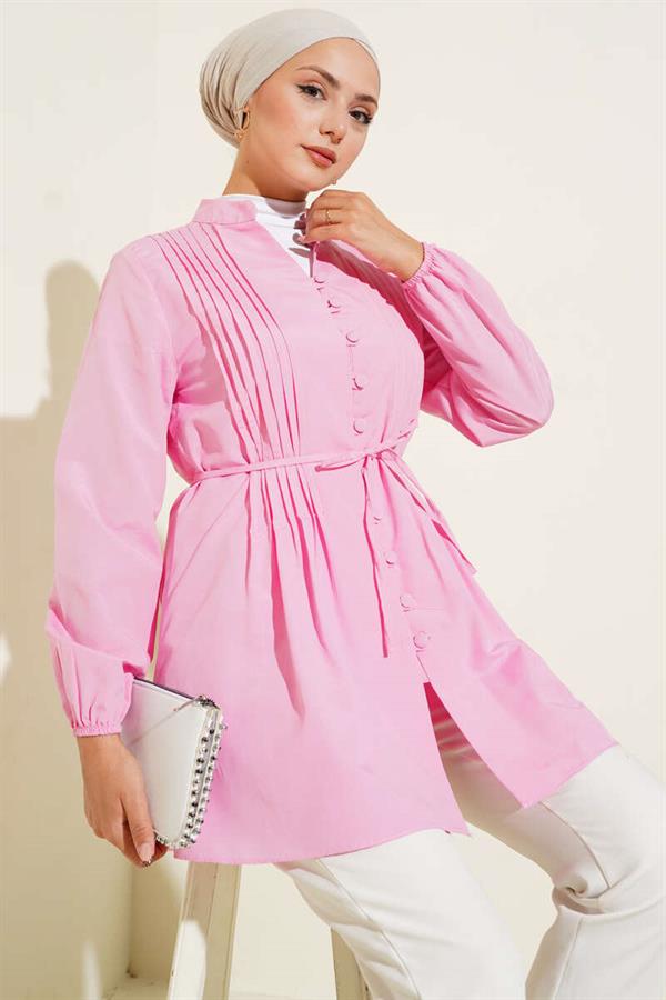 Pleated Front Sweater Shirt Pink