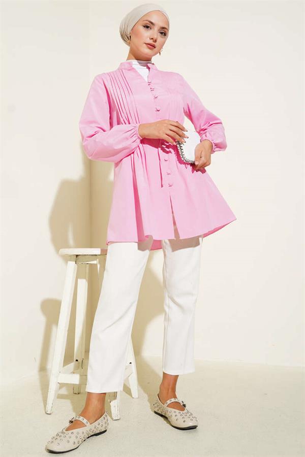 Pleated Front Sweater Shirt Pink
