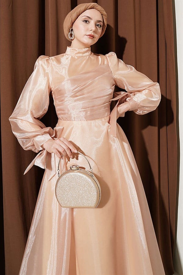 Beige Pleated Tulle Evening Dress