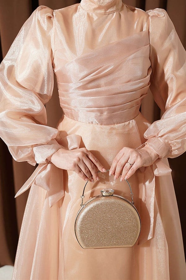 Beige Pleated Tulle Evening Dress