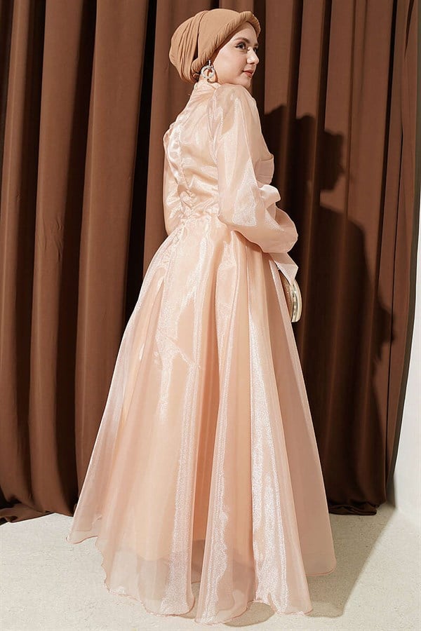 Beige Pleated Tulle Evening Dress