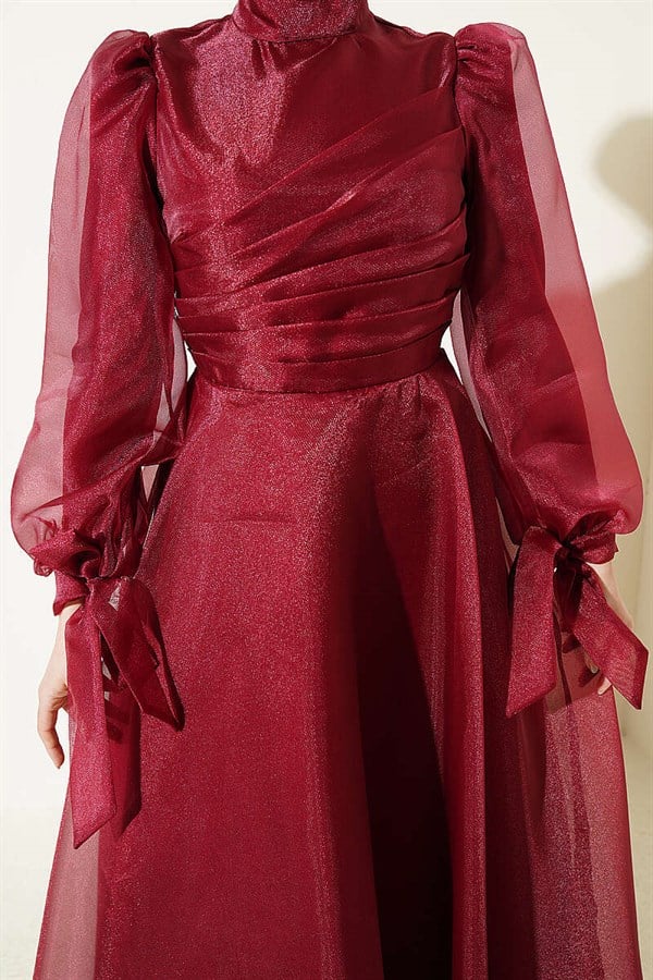 Pleated Tulle Evening Dress in Burgundy