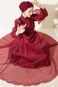 Pleated Tulle Evening Dress in Burgundy