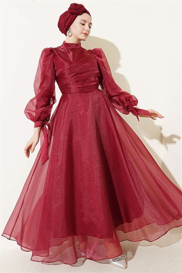 Pleated Tulle Evening Dress in Burgundy