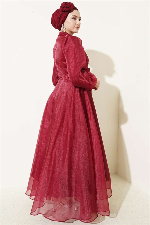 Pleated Tulle Evening Dress in Burgundy