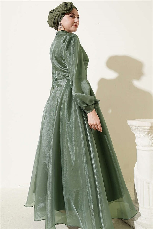 Front Pleated Tulle Evening Dress Khaki