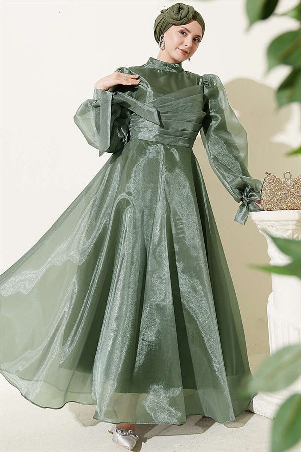 Front Pleated Tulle Evening Dress Khaki