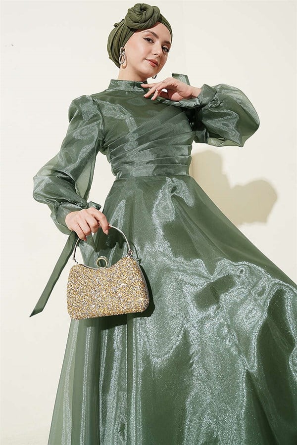 Front Pleated Tulle Evening Dress Khaki