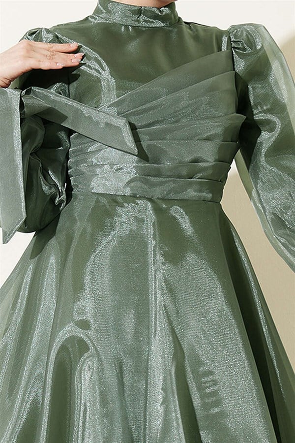 Front Pleated Tulle Evening Dress Khaki