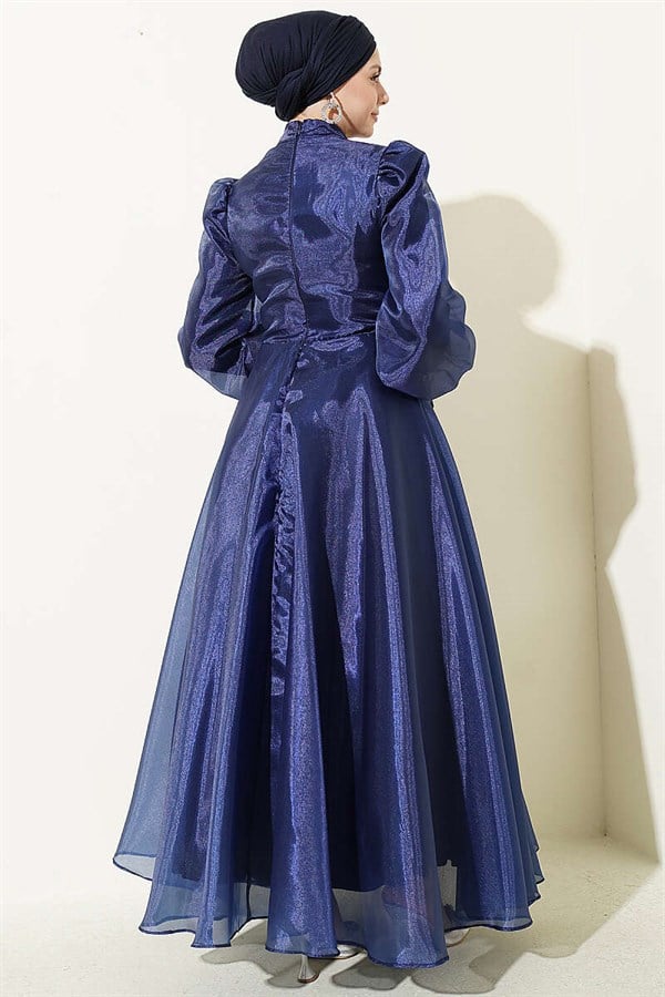 Navy Blue Pleated Tulle Evening Dress