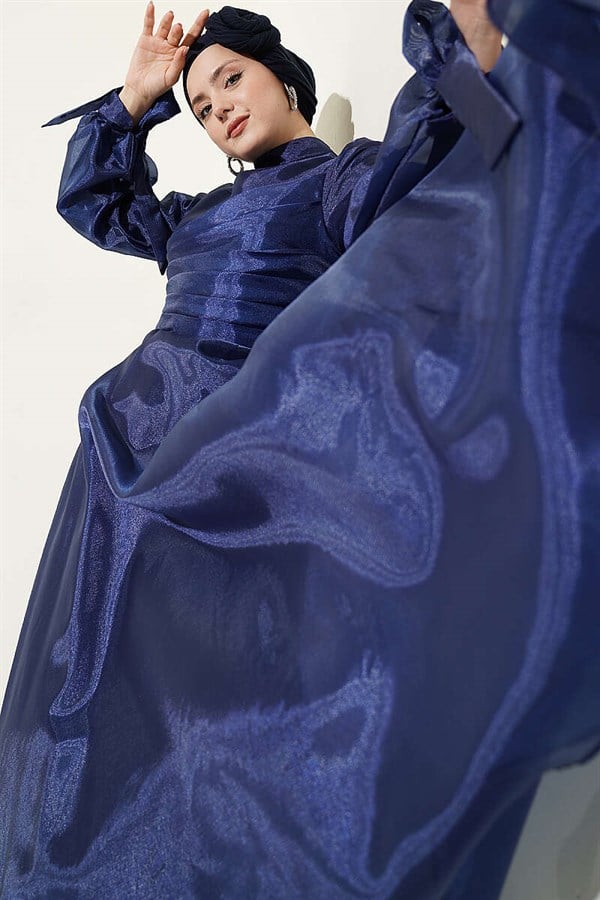 Navy Blue Pleated Tulle Evening Dress