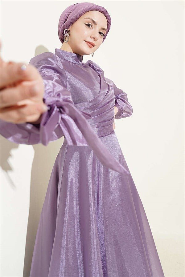 Pleated Tulle Evening Dress in Lilac