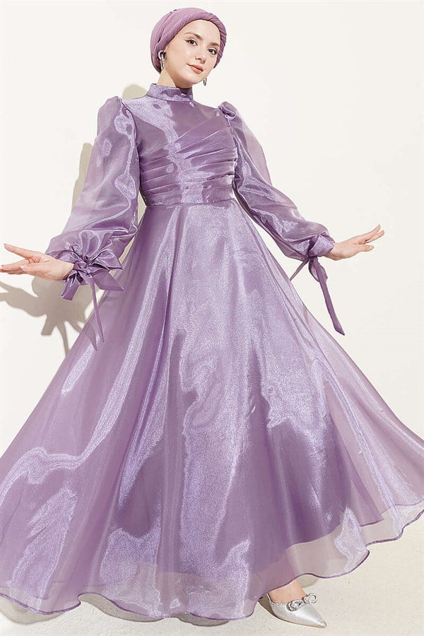 Pleated Tulle Evening Dress in Lilac