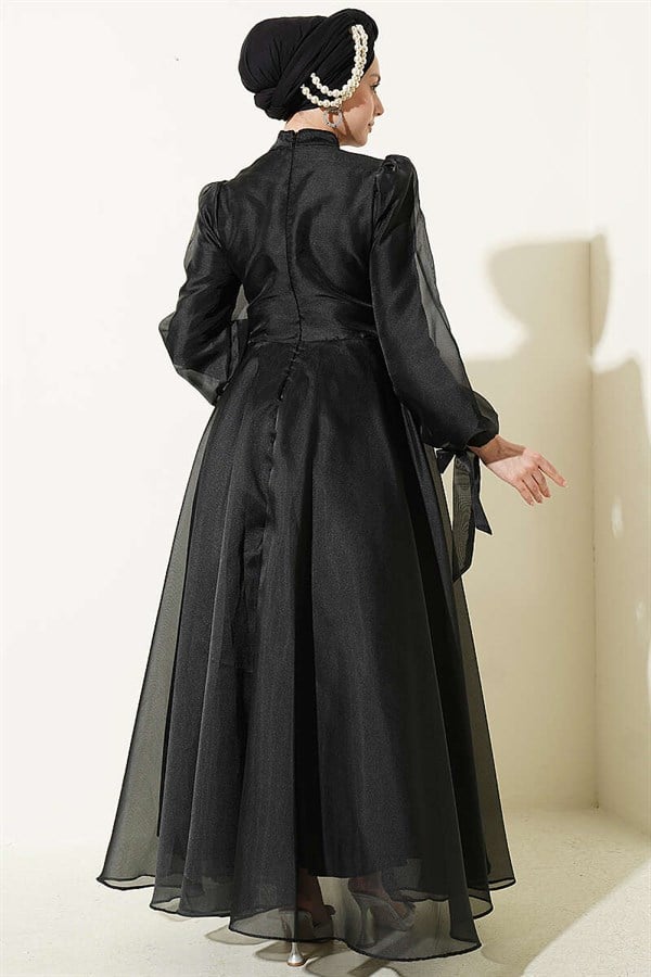 Black Pleated Tulle Evening Dress