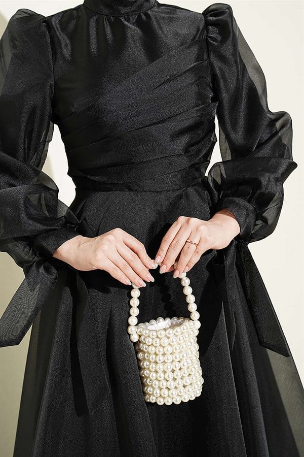 Black Pleated Tulle Evening Dress