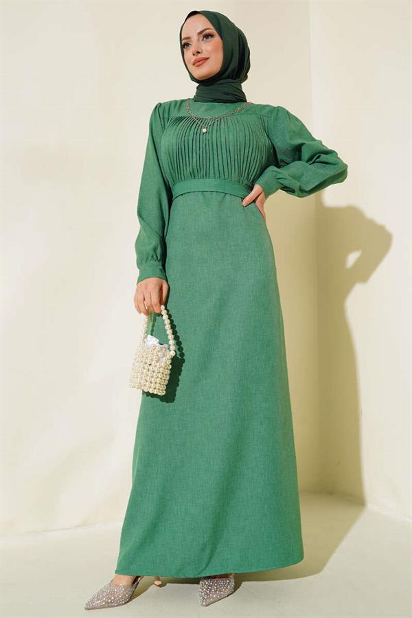 Pleated Front Linen Dress Green