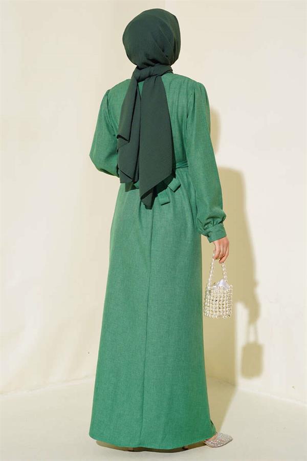 Pleated Front Linen Dress Green