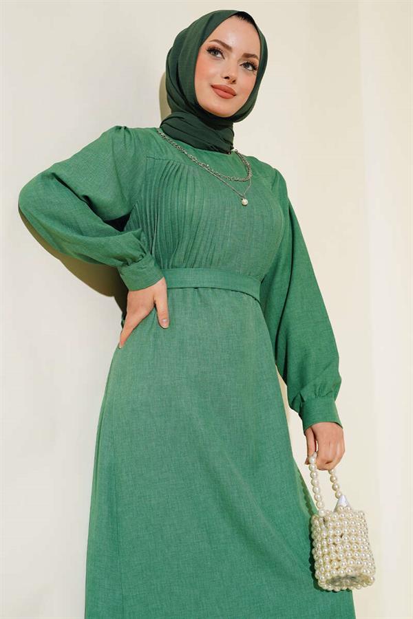 Pleated Front Linen Dress Green