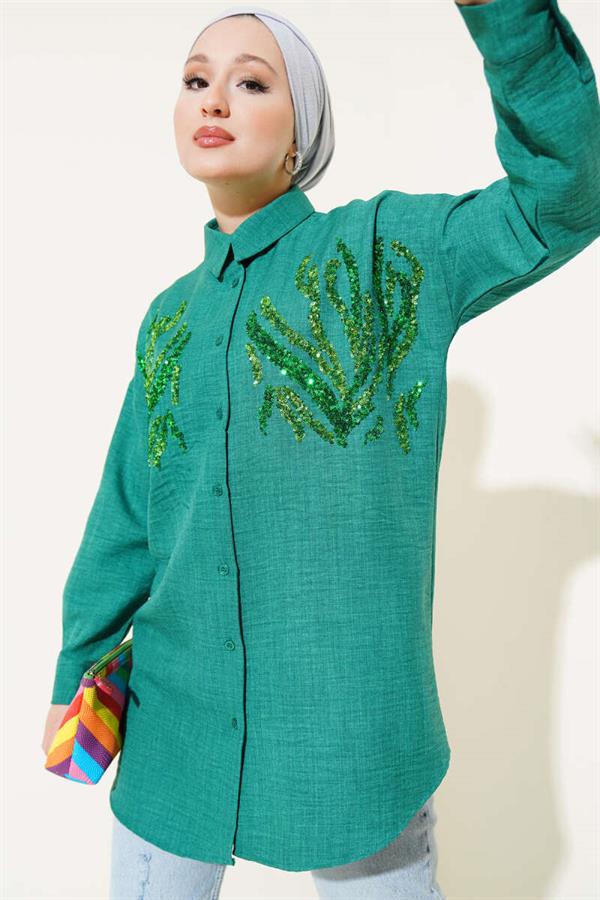 Green Shirt with Sequin Detail on Front