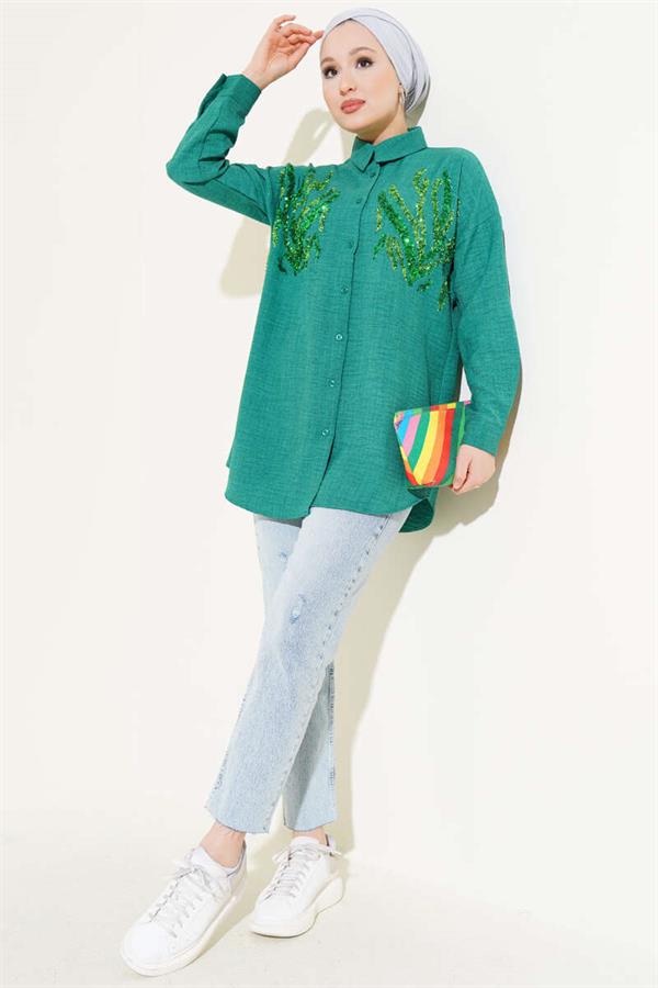 Green Shirt with Sequin Detail on Front