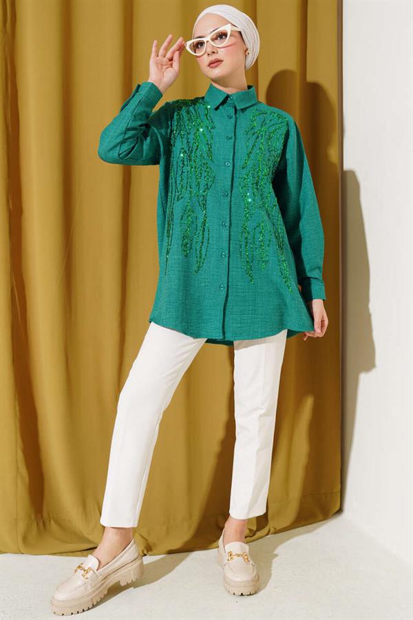 Basic Shirt Green with Sequined Front
