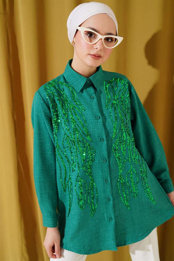 Basic Shirt Green with Sequined Front