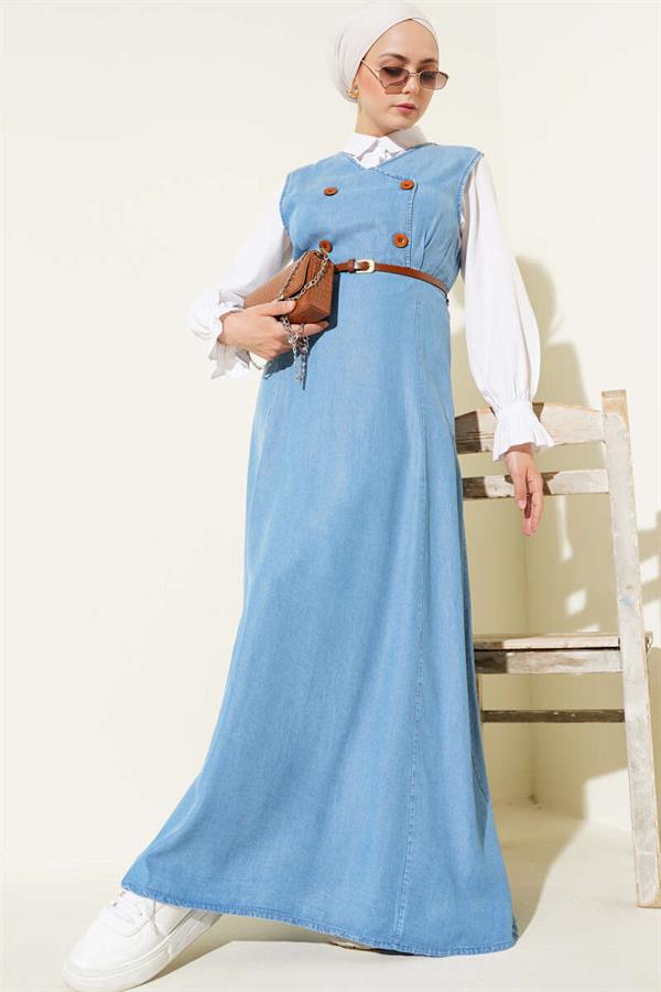 Sleeveless Dress with Wooden Buttons in Front Denim Blue