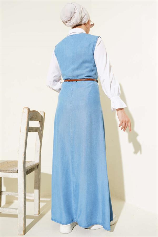 Sleeveless Dress with Wooden Buttons in Front Denim Blue