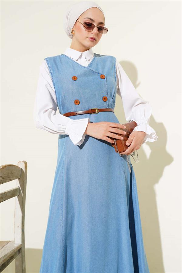 Sleeveless Dress with Wooden Buttons in Front Denim Blue